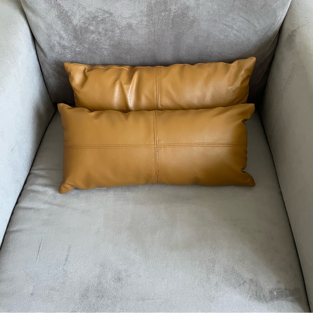 Set of Four Faux Leather Throw Pillows in Brown and Tan - Picture 4 of 9